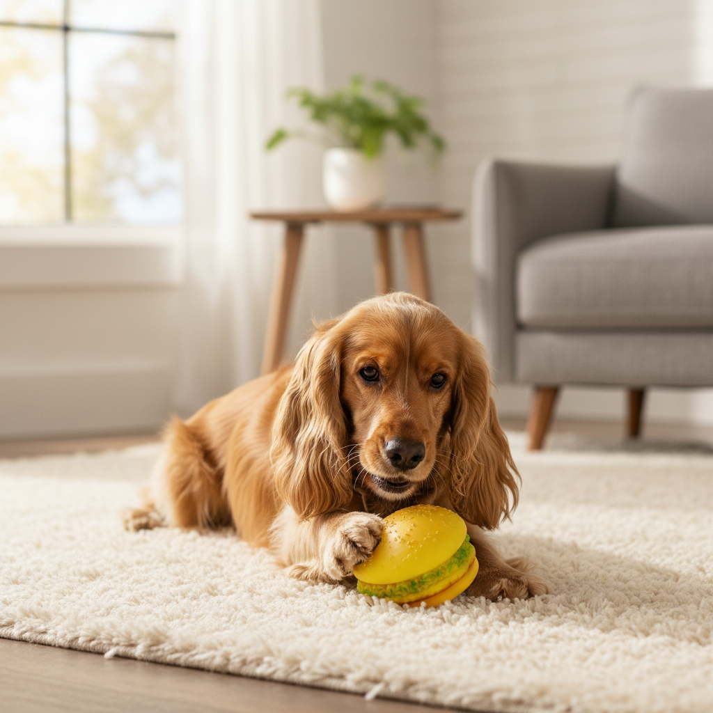 Cocker Spaniel with hamburger toy