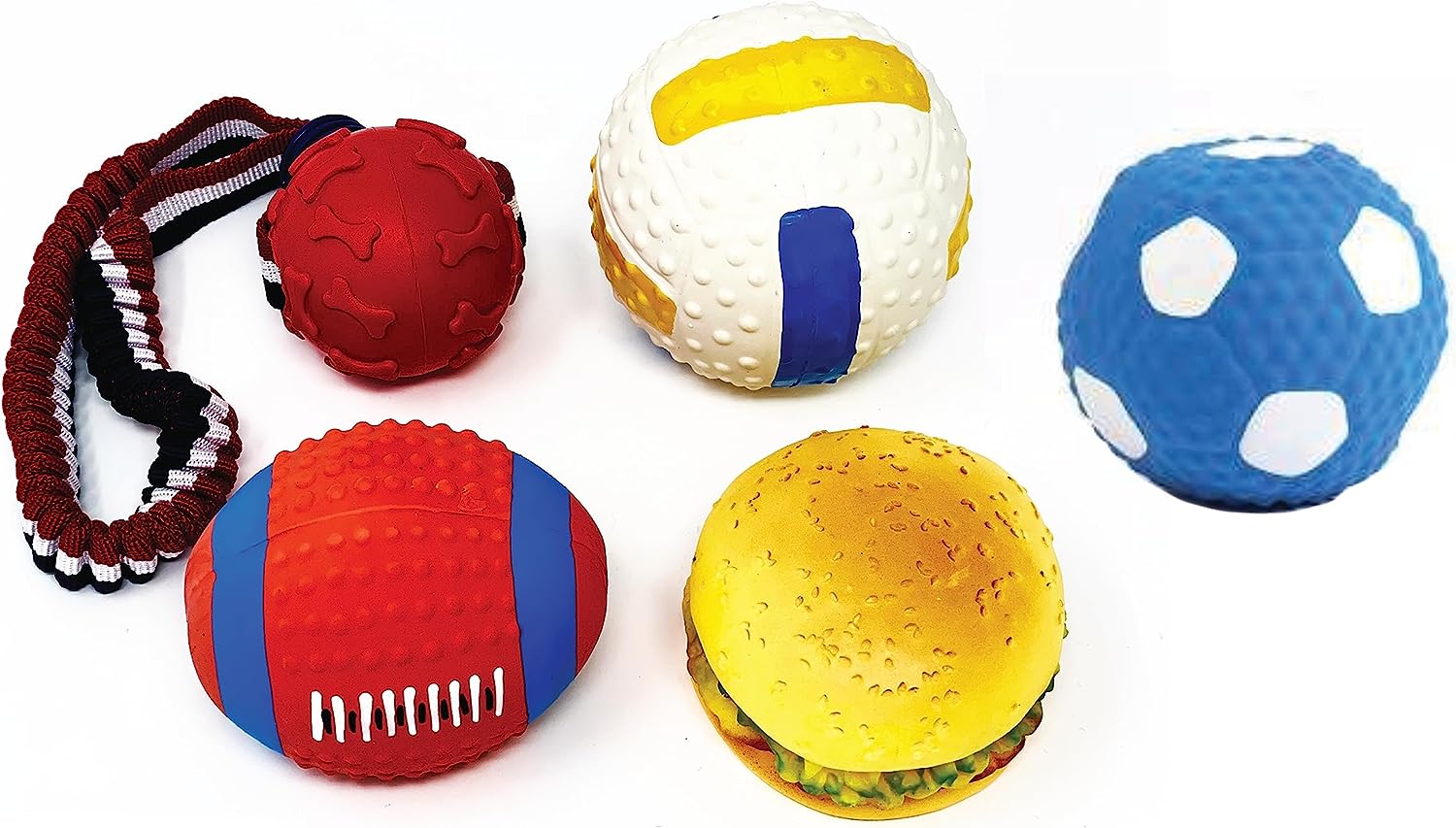 Dog Balls Set of 5 Squeaky Balls — Includes 1 Solid Flex Play Ball with Handle