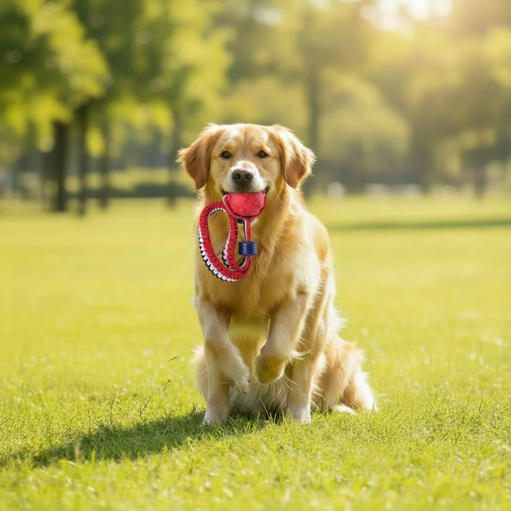 Golden retriever holding red ball on rope