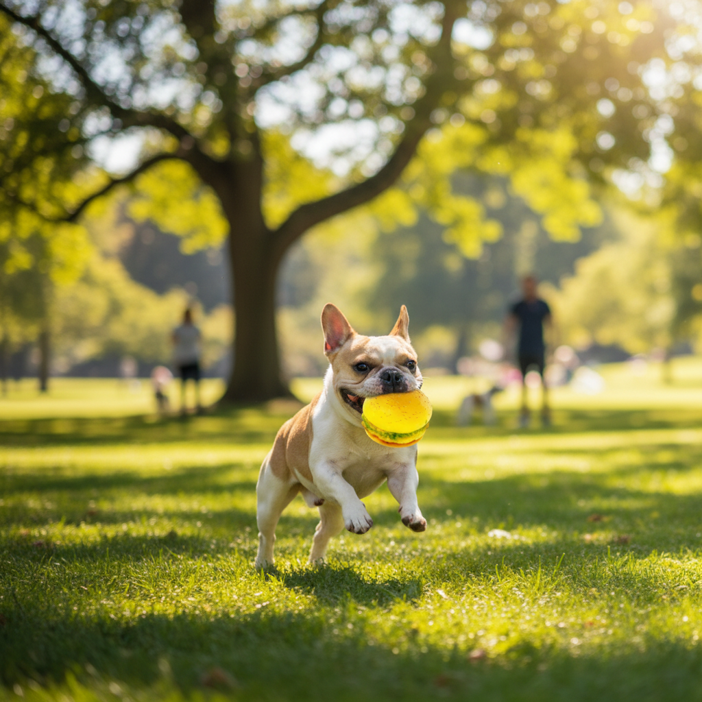 French Bulldog fetching burger shaped squeaky ball dog toy in sunny park