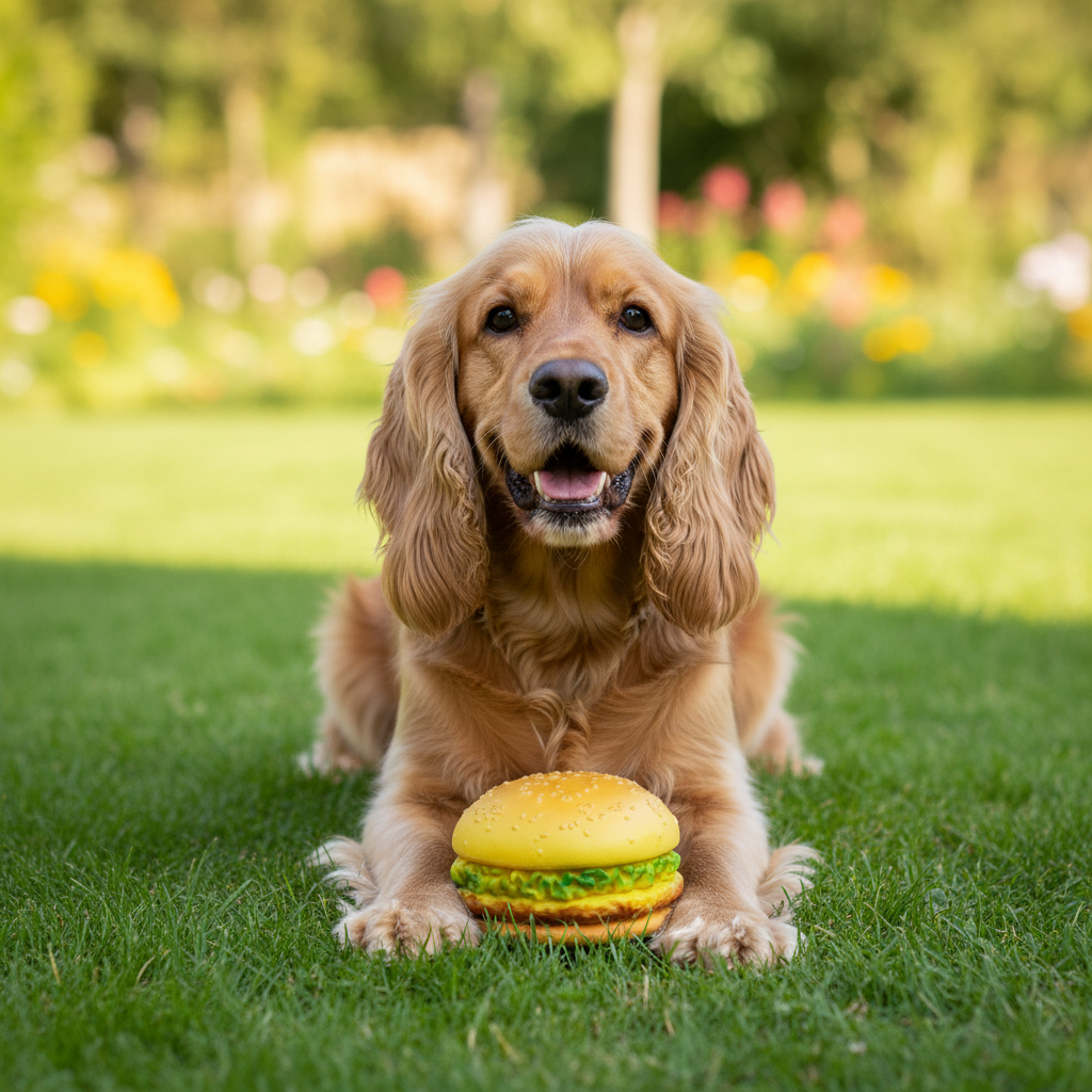 Cocker Spaniel sitting with burger squeaky ball dog toy on green grass