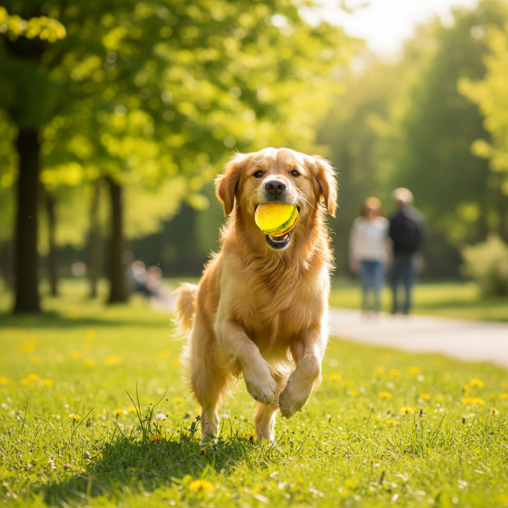 Dog fetching burger ball squeaky toy in sunny park